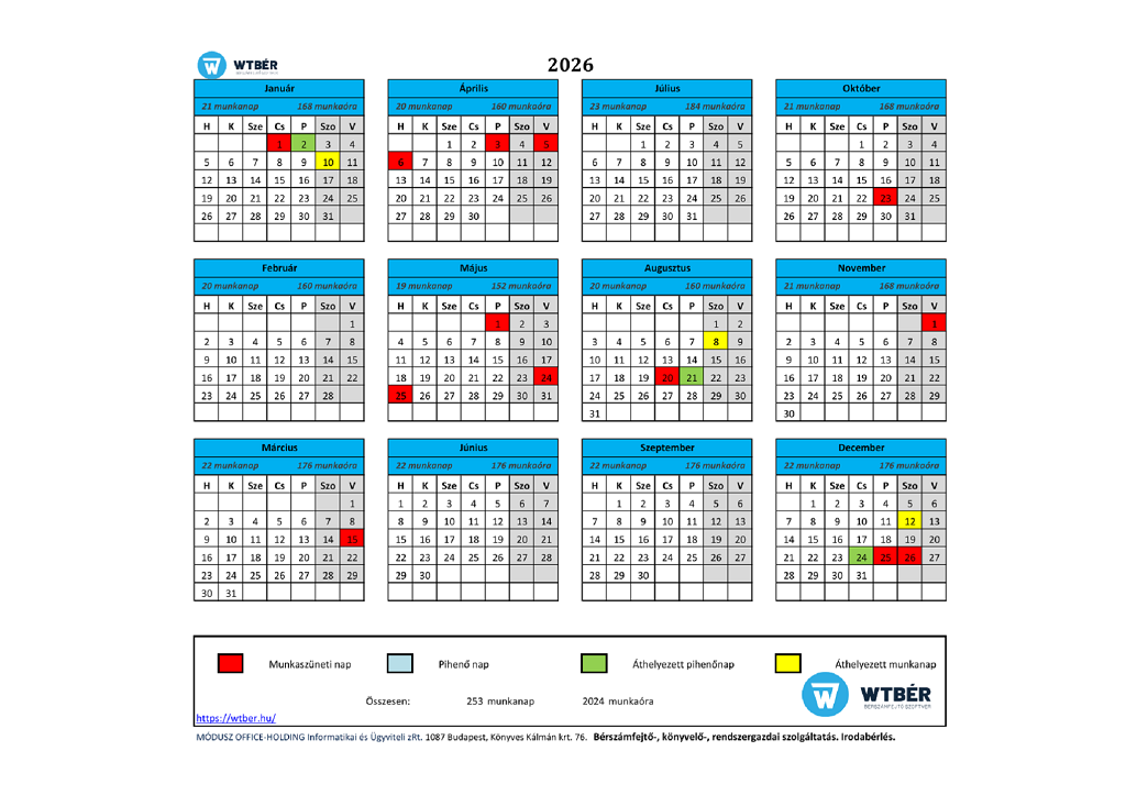 Wtbér munkaidő naptár 2026